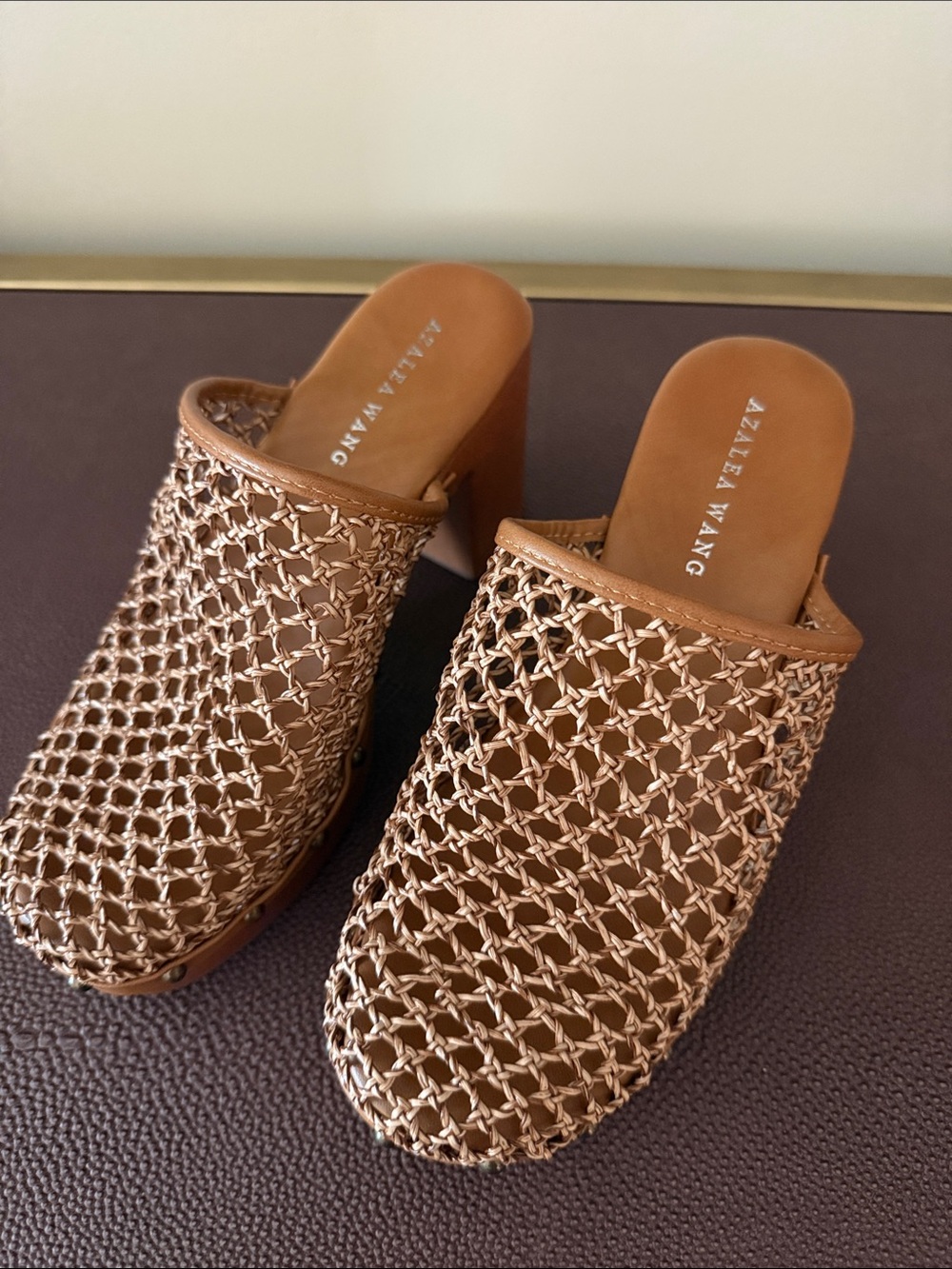 Azalea Wang Tan Woven Leather Mule Heels